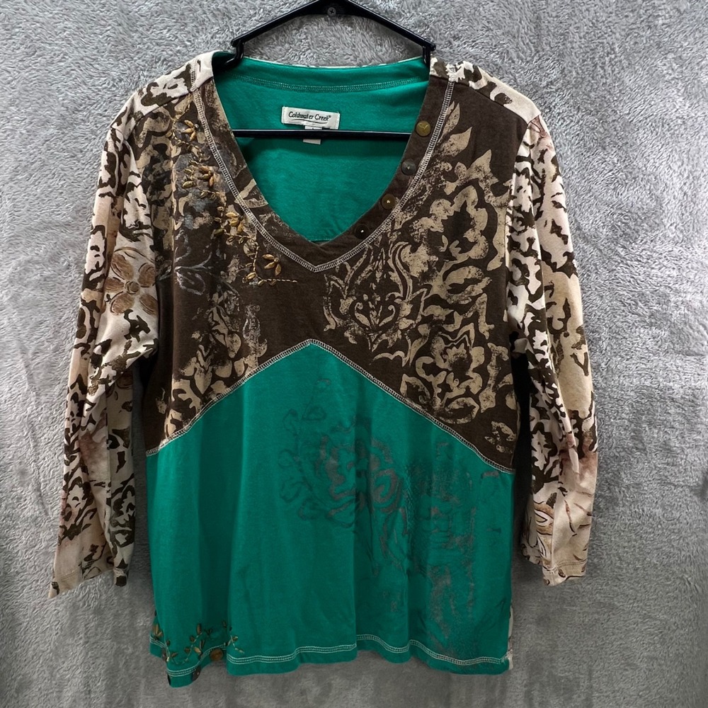 Coldwater Creek Large Teal Brown Floral Mixed Print Beaded Top Whimsigoth Earthy